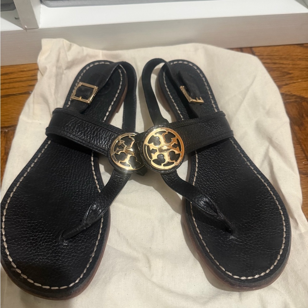 Tory Burch Black Sandals with Gold Emblem